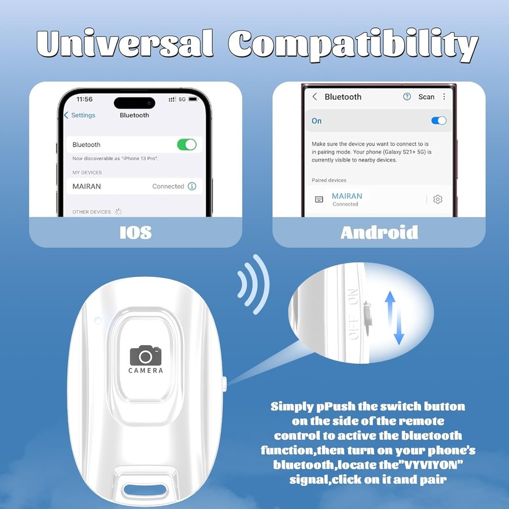 MAIRAN Rechargeable Wireless Camera Remote Shutter for iPhone and Android Smartp