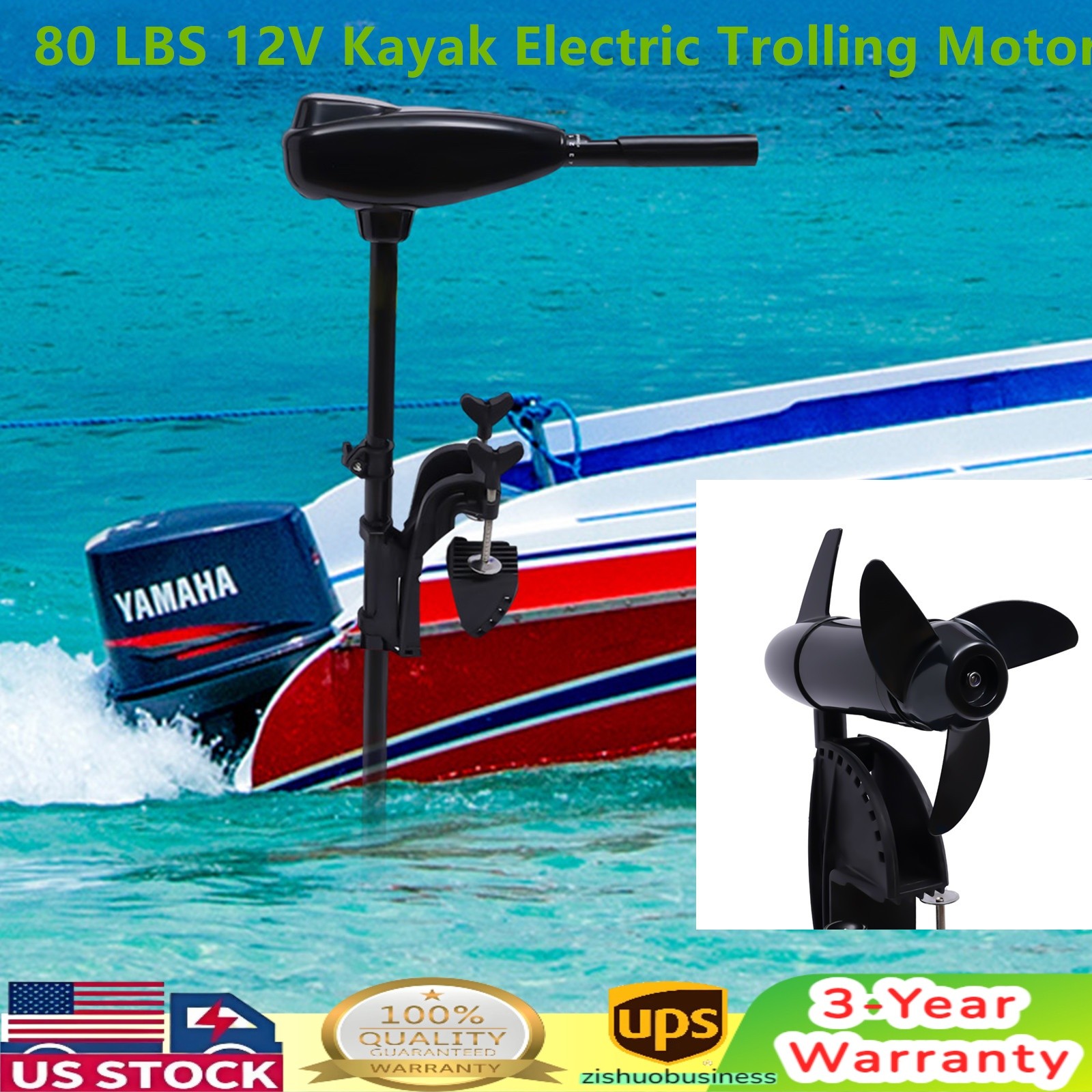 12V 80lbs Electric Trolling Motor Thrust Transom Mounted Fishing Boat Engine