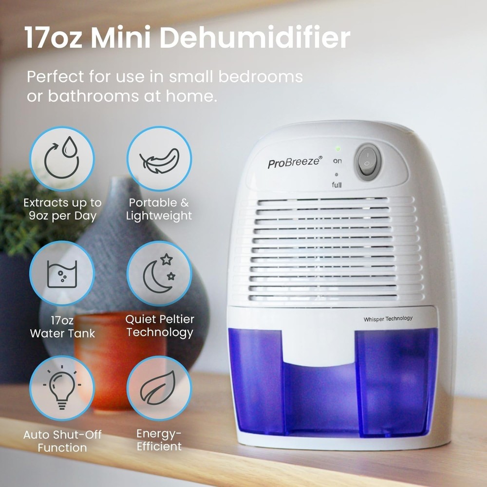 Compact 16oz Portable Dehumidifier for Small Rooms - Whisper Quiet & Efficient
