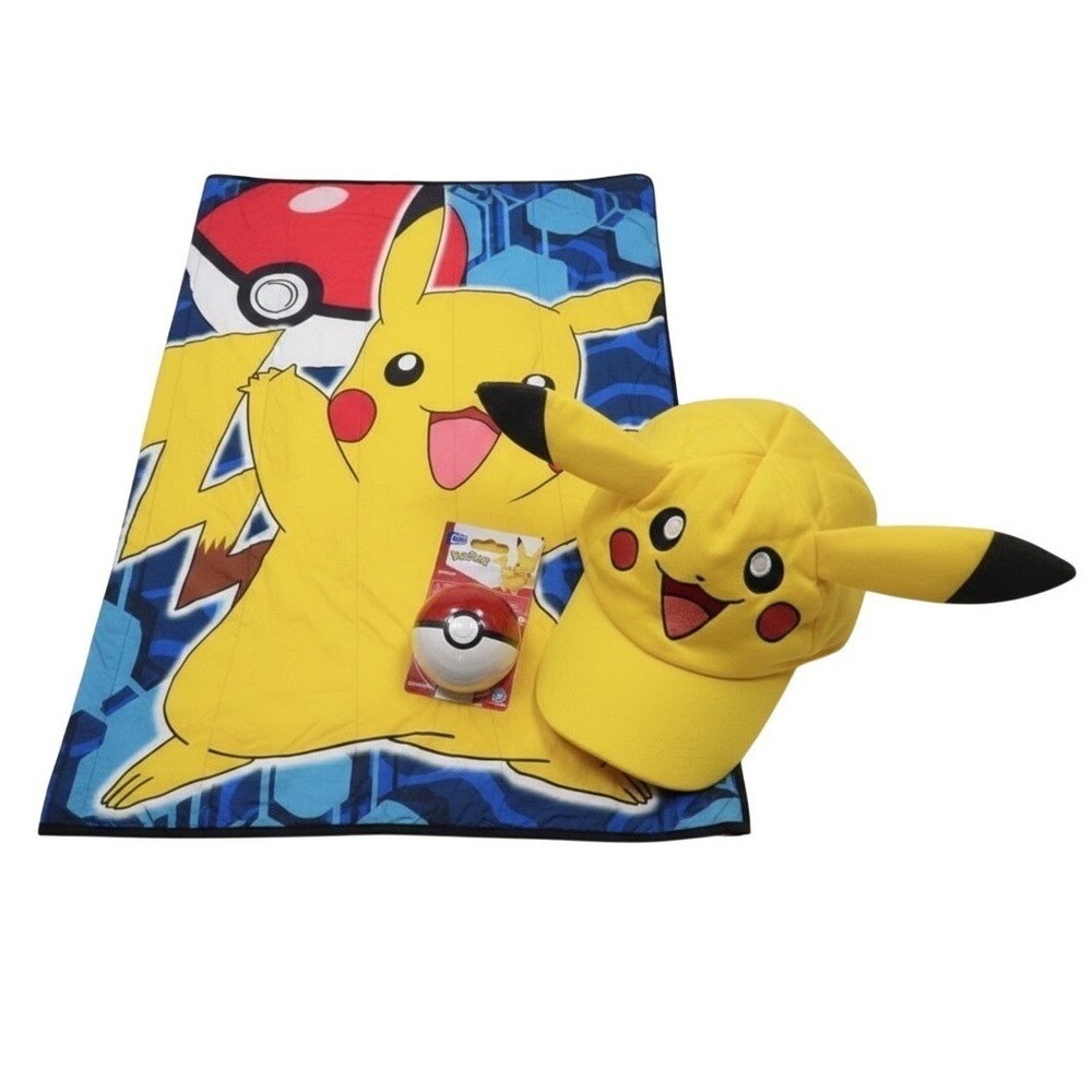 Pokemon Pikachu Comforter, Hat & Mega Construx Poke Ball Bundle Set Gift Pack