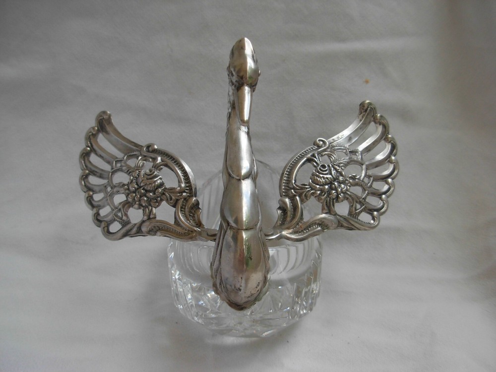 ANTIQUE SOLID SILVER CUT CRYSTAL SALT CELLAR,SWAN SHAPE,20th CENTURY.