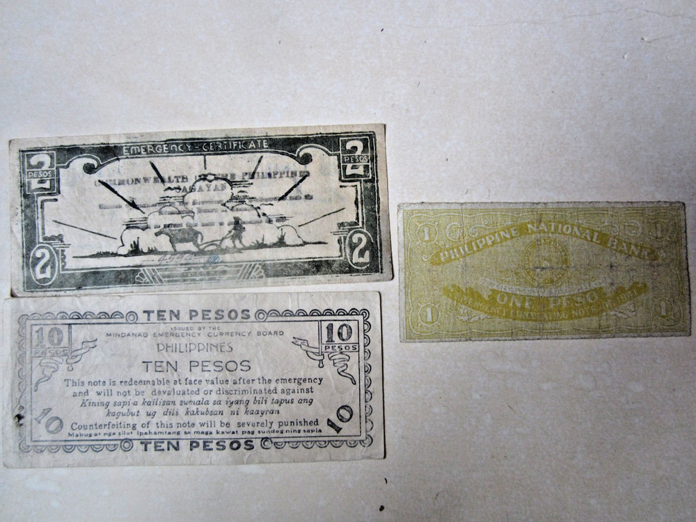 3 Lot PHILIPPINES Emergency Notes WWII 1, 2, 10 pesos