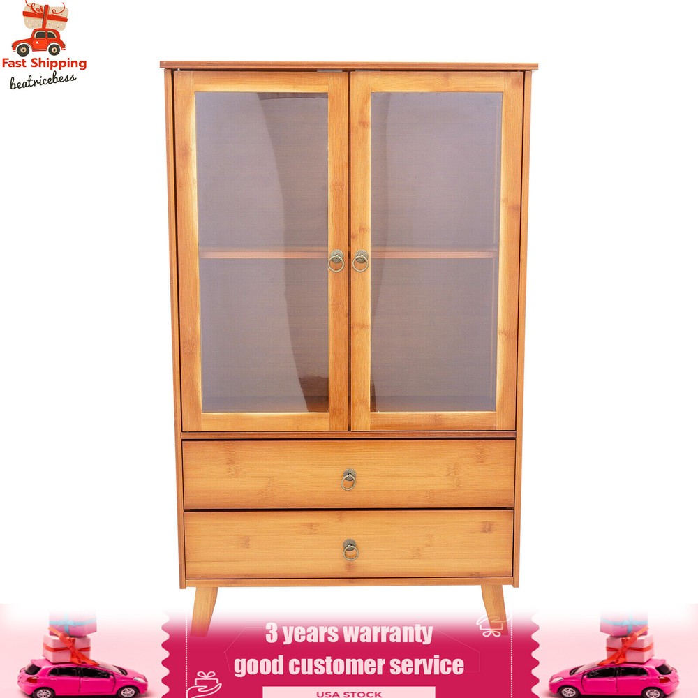 2-Compartments Bamboo Kitchen Sideboard Storage Organizer Cupboard Freestanding
