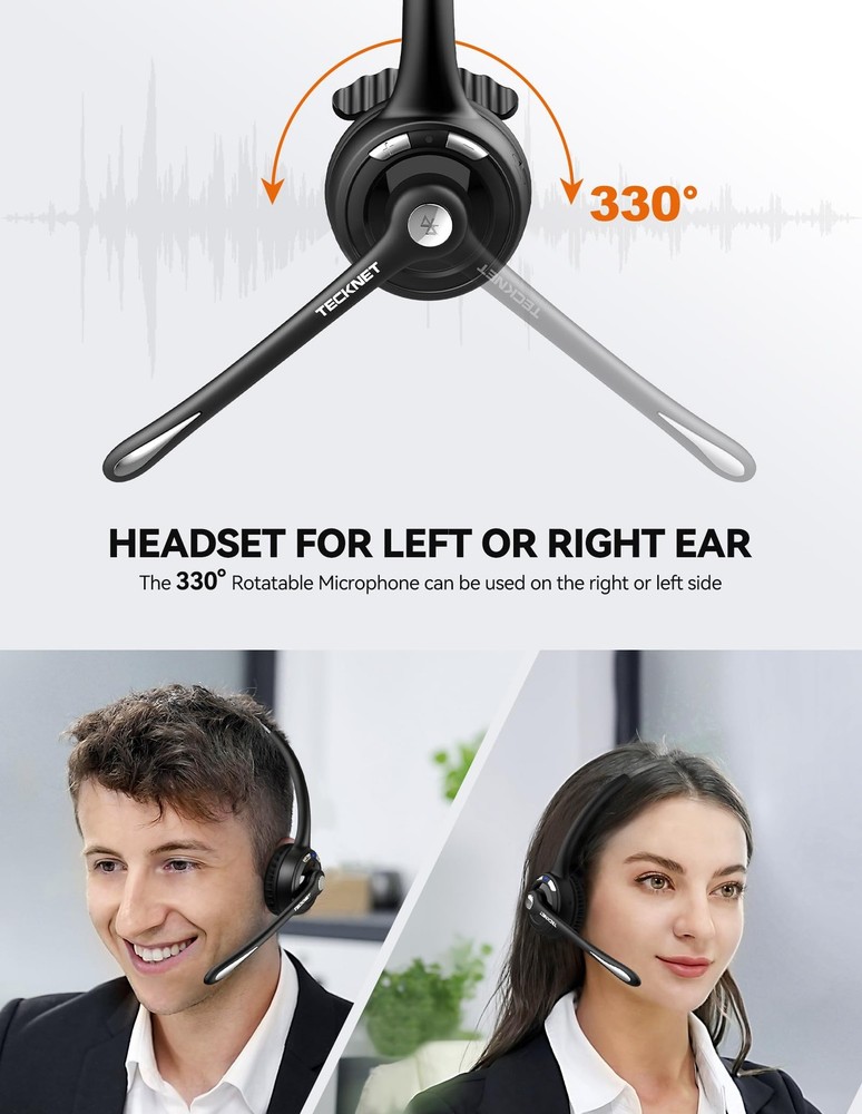 TECKNET Bluetooth Wireless Headset w/ Noise Cancelling Mic for Trucker Office PC