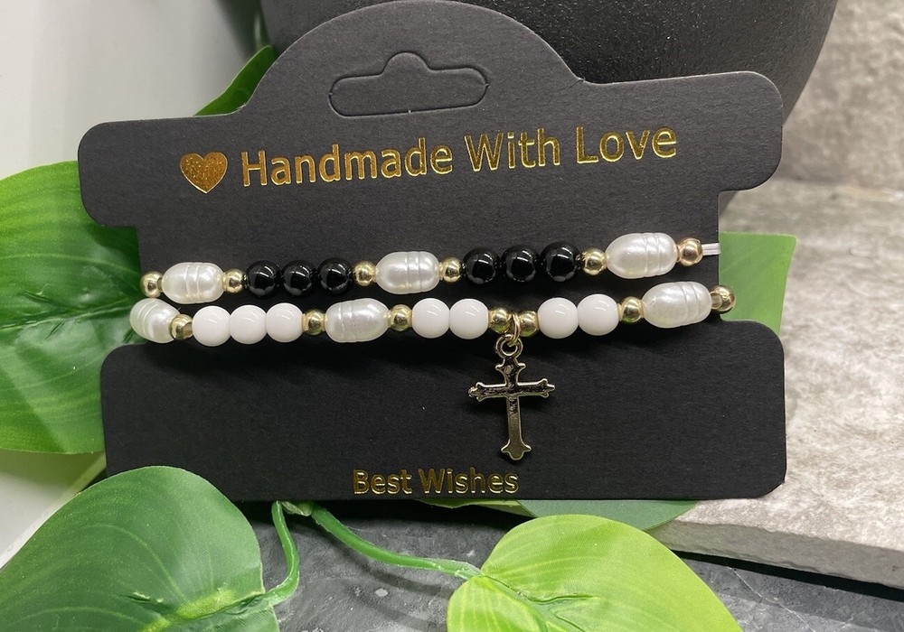2 PC Boho Beaded Stackable 6” Plus Stretch Charm Bracelet Set Cross B3901