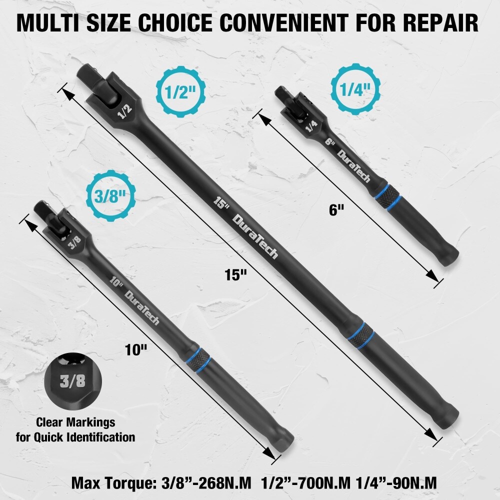 DURATECH 3PCS 6" 10” 15" Breaker Bar Set 1/4" 3/8" 1/2" Drive 180°Rotatable Head