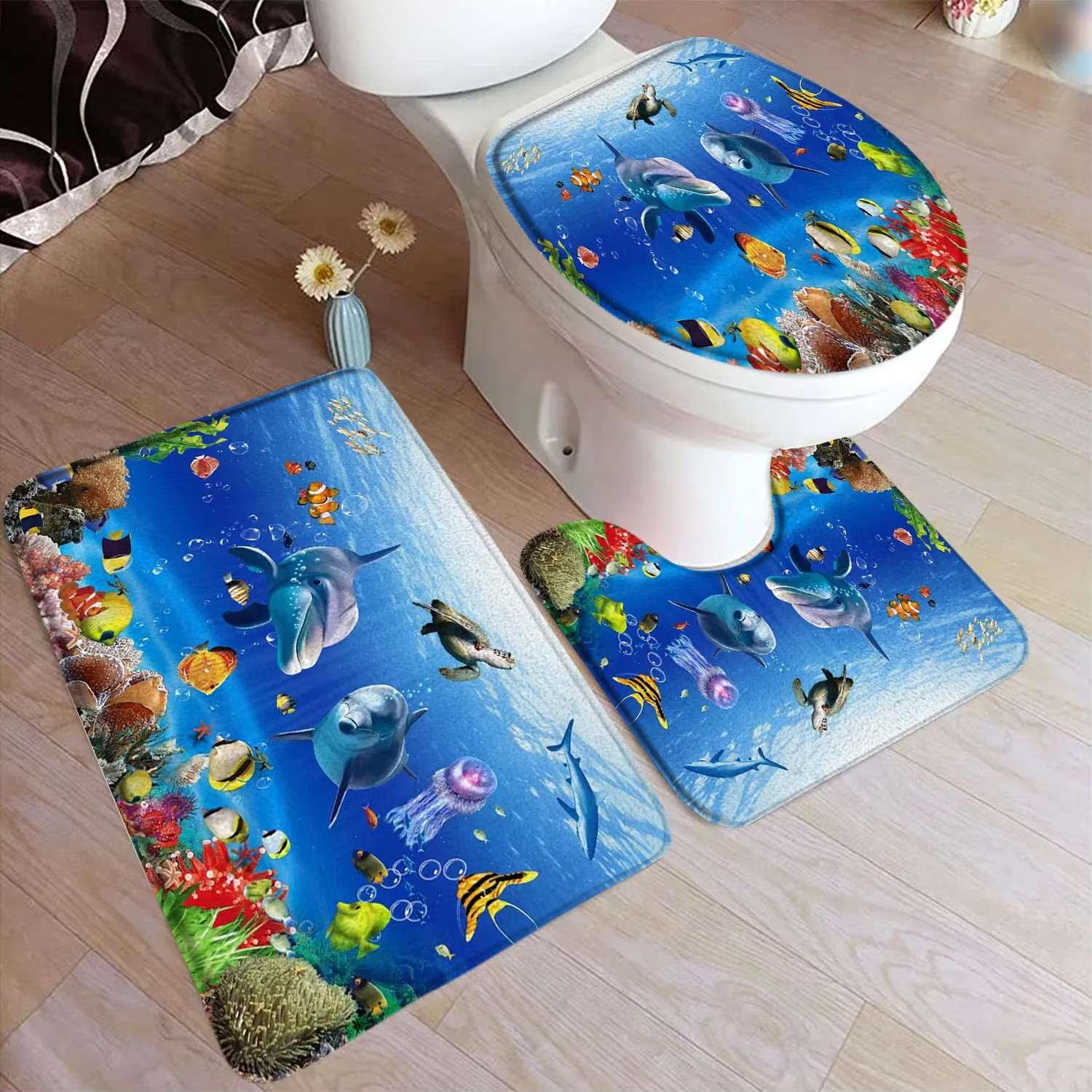 Cartoon Dolphin Bath Mat Set Blue Ocean Coral Fish Underwater Scenery Home Carpe