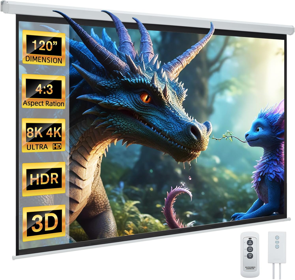 120" Projector Screen 4:3 HD Wall Mounted Retractable Electric Projector Screen