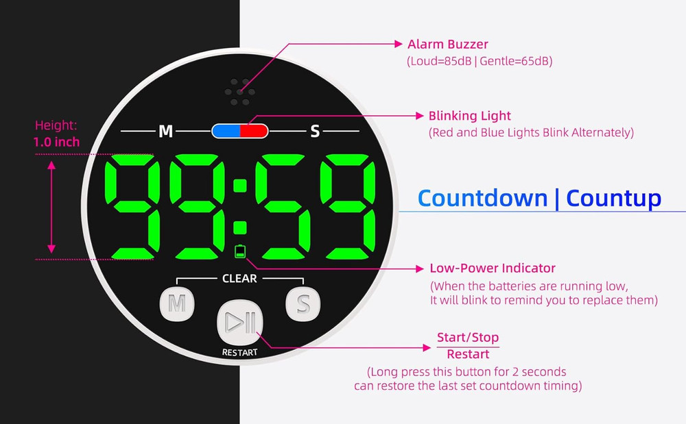 Large LED Digital Timer, Countdown Loud Timer for Kitchen Cooking, Classroom Wh