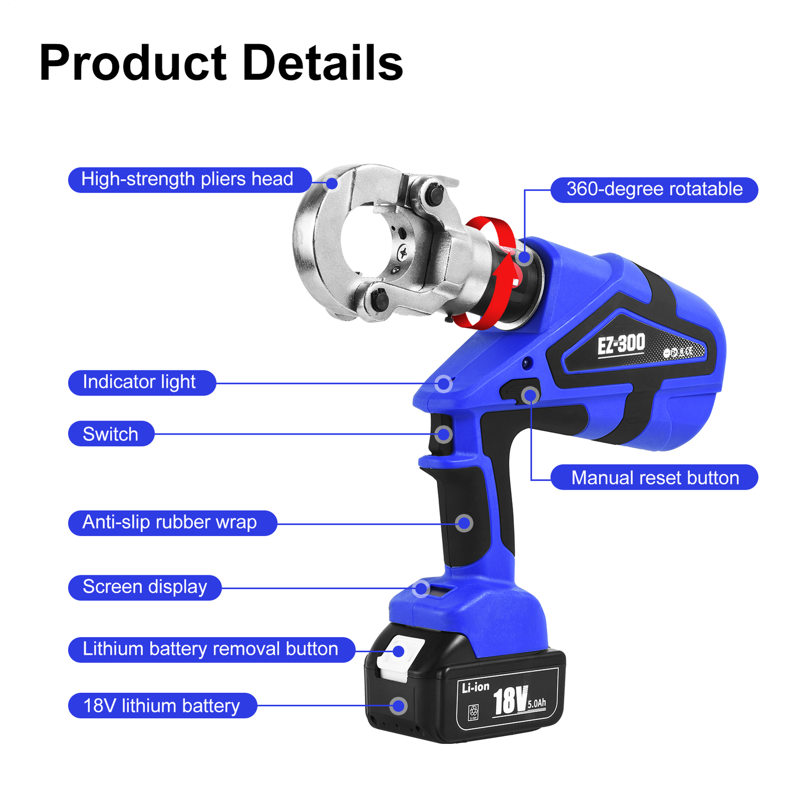 Electric Hydraulic Plier Rechargeable Battery Crimping Tool 16-300mm²