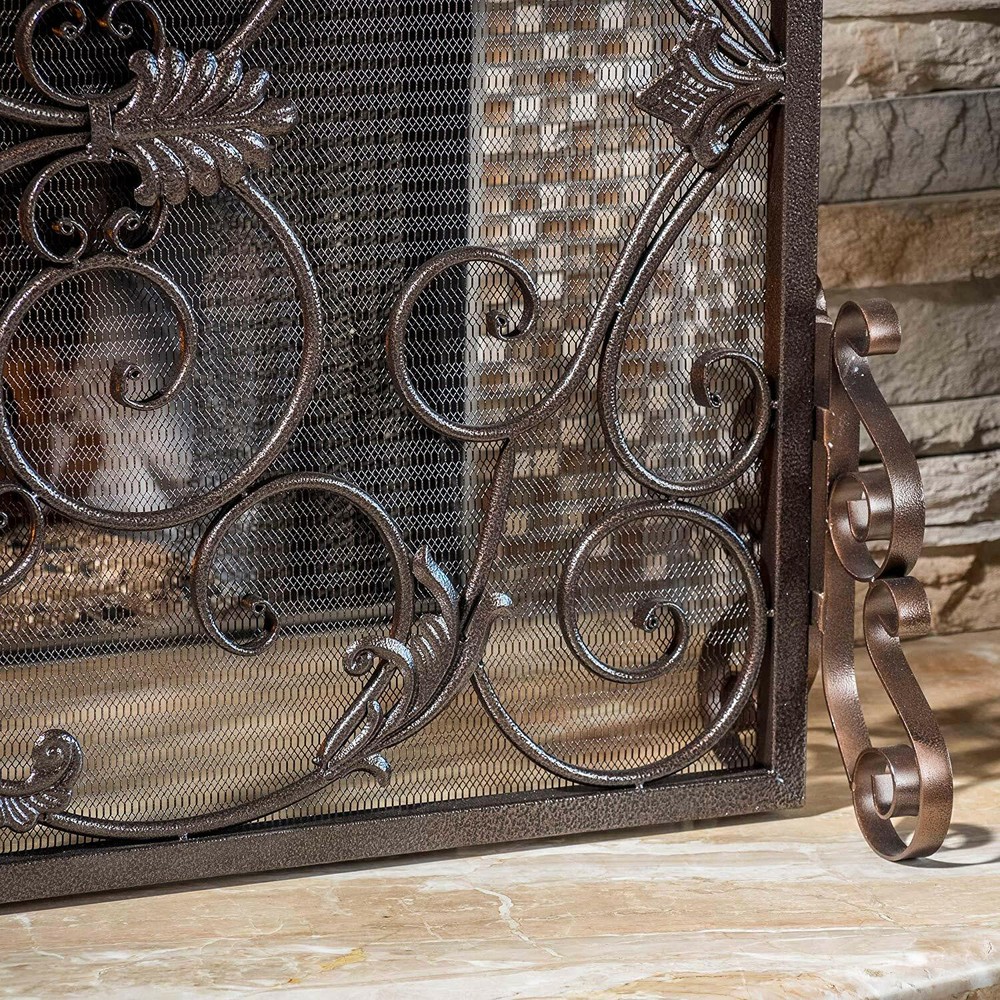Black Gold Finish Fireplace Screen Panel Stand Wrought Iron Victorian Scrollwork