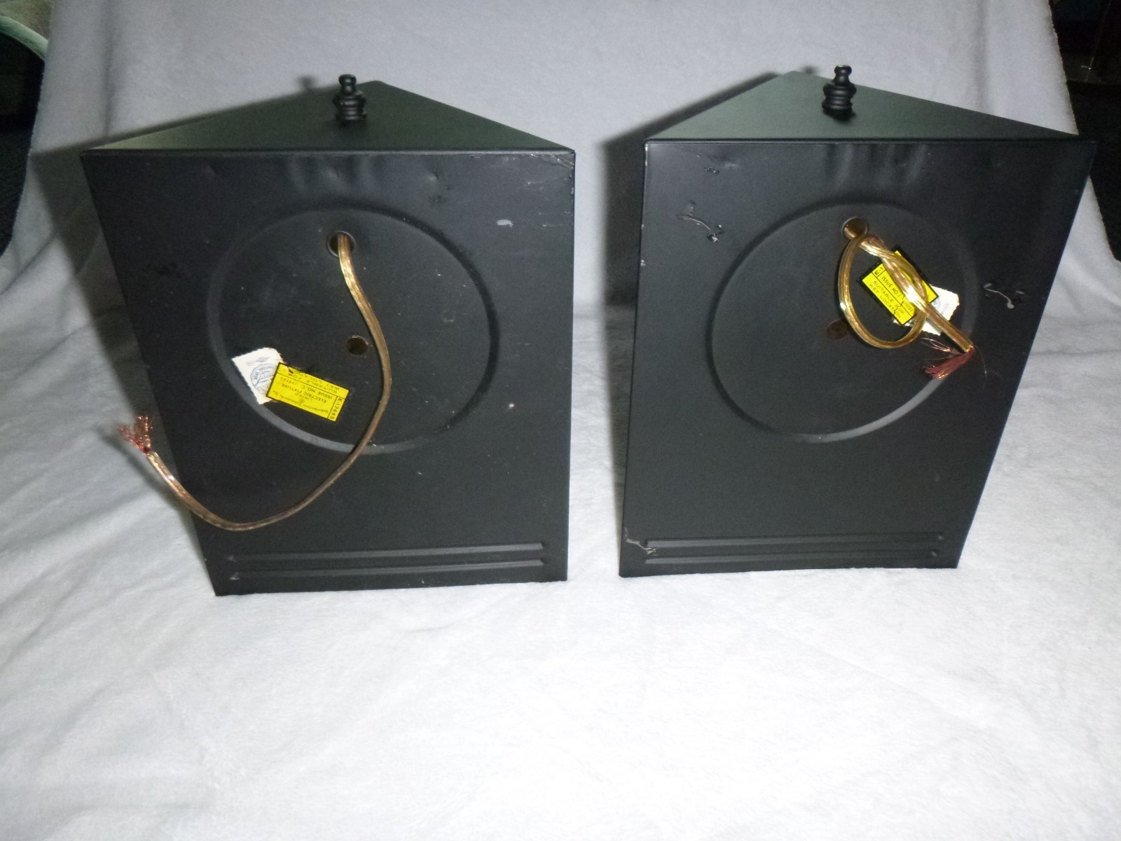 PAIR NOS Vtg 1969 Amber Glass & Black Metal Trianglular Indoor /Outdoor Sconces