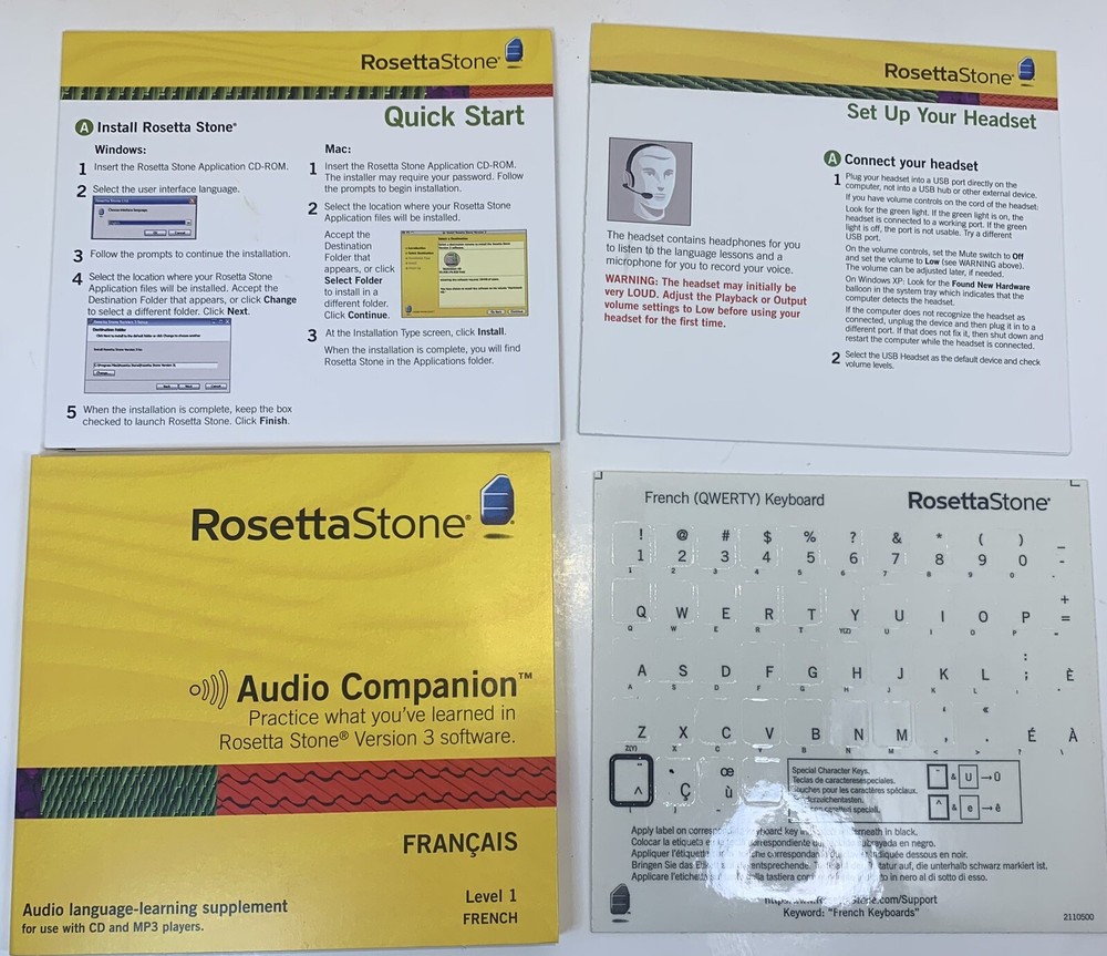 Rosetta Stone FRENCH Lev 1, Version 3 Win/Mac CD-Rom, Headset/Mic. Complete.USED
