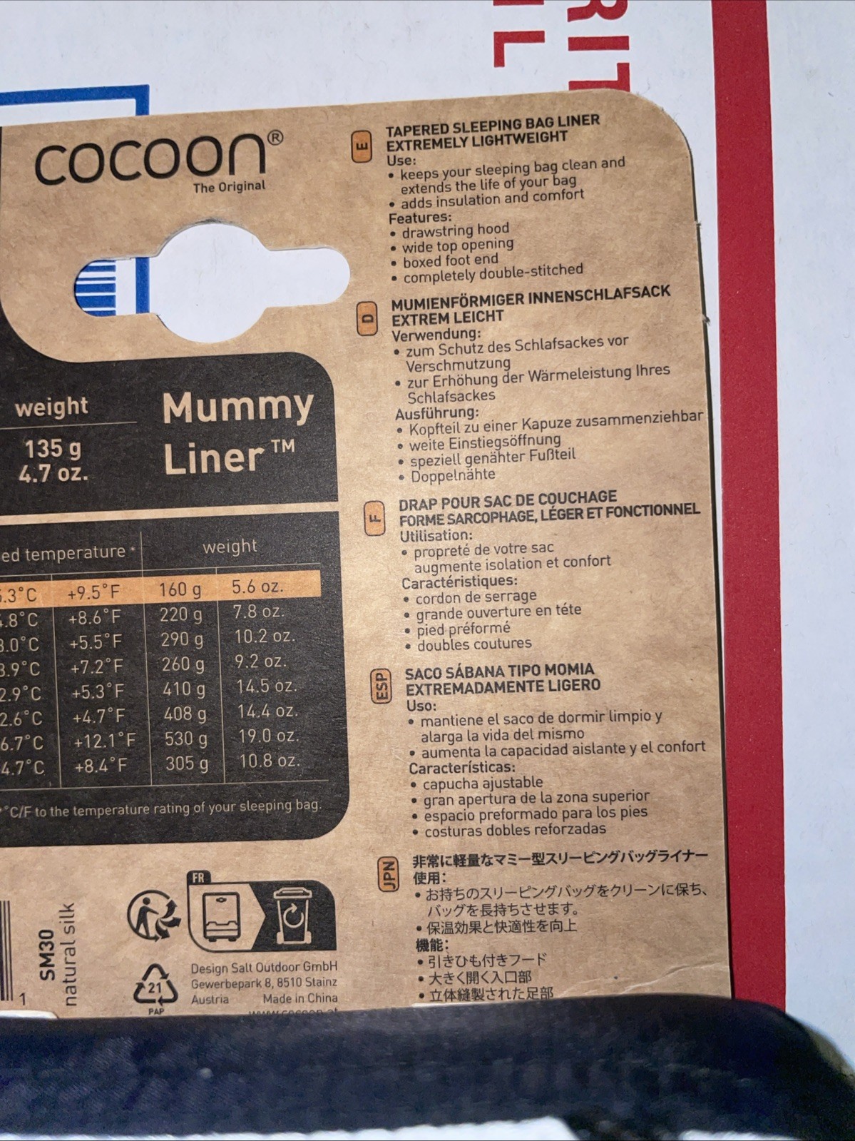 Cocoon 100% Silk Mummy Liner - White 135g 95” x 35”/22” BRAND NEW WITH TAGS