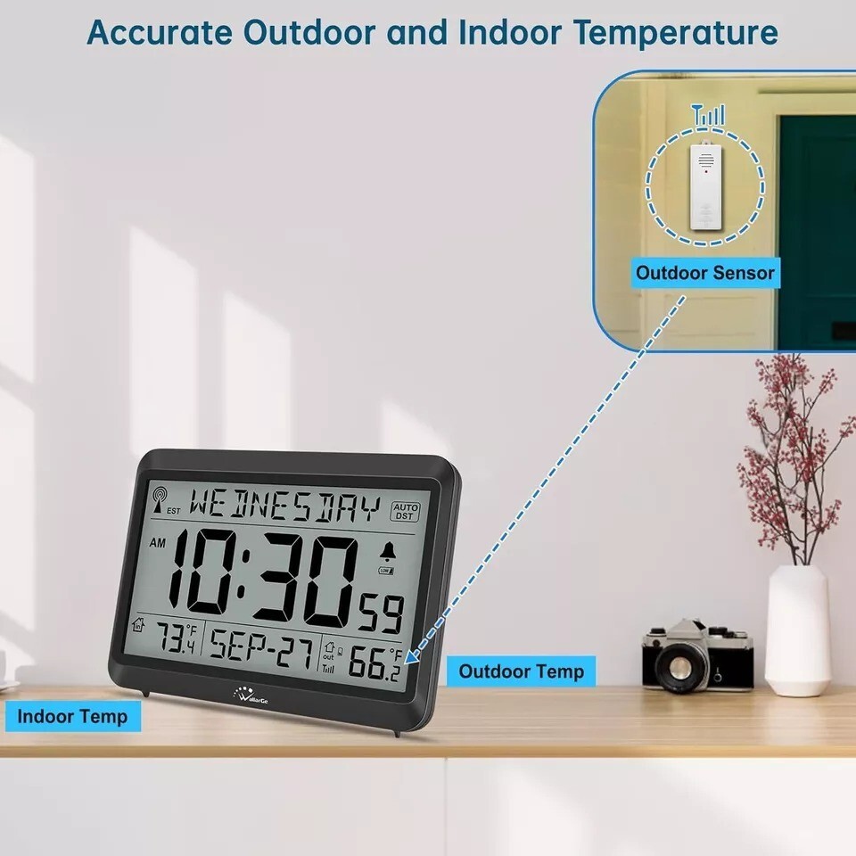 Atomic Clock With Indoor Outdoor Temperature, Self-setting Digital Wall