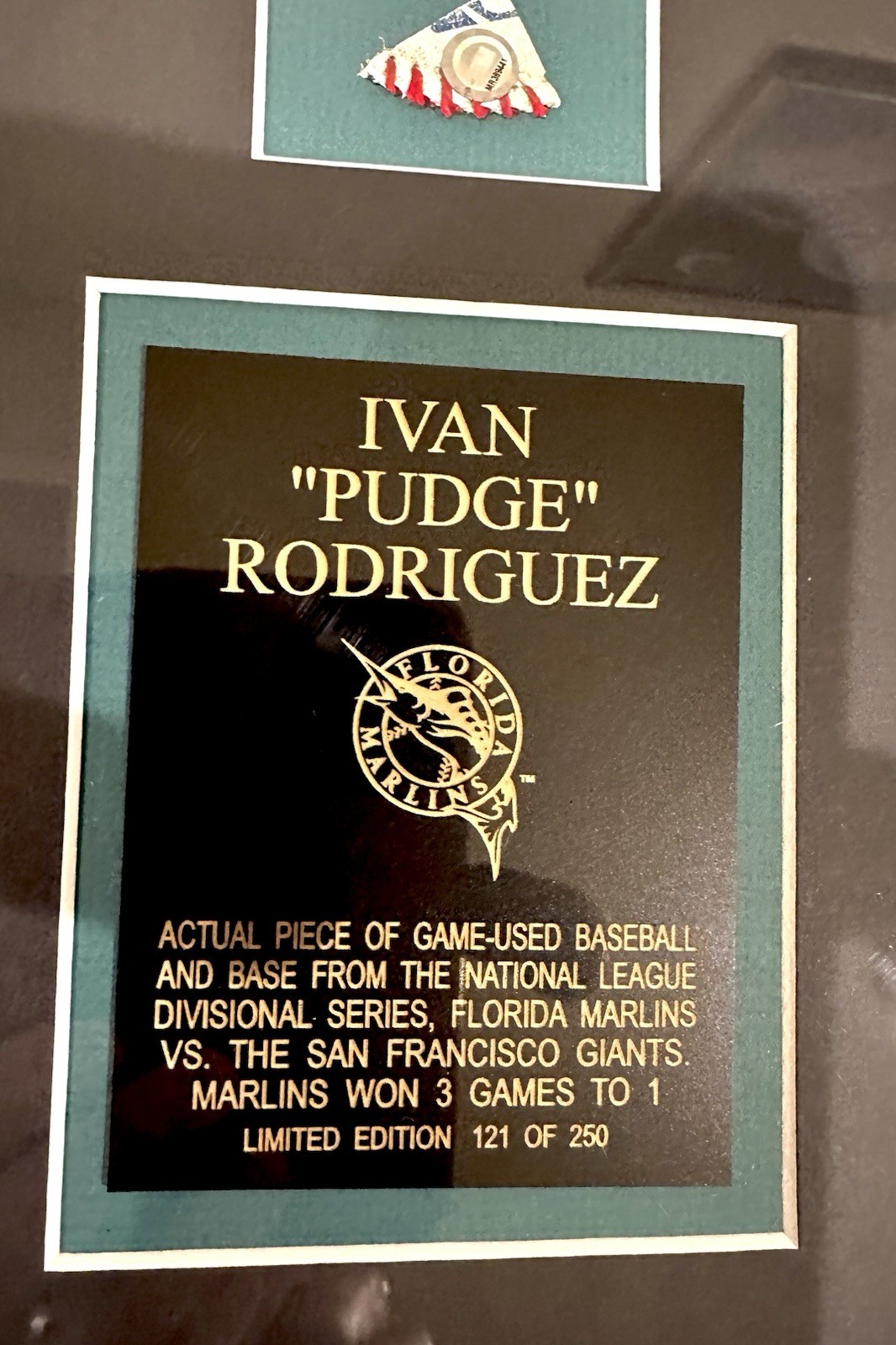 Ivan Rodriguez Florida Marlins Game-Used 1983 NLDS Base & Ball Framed Display