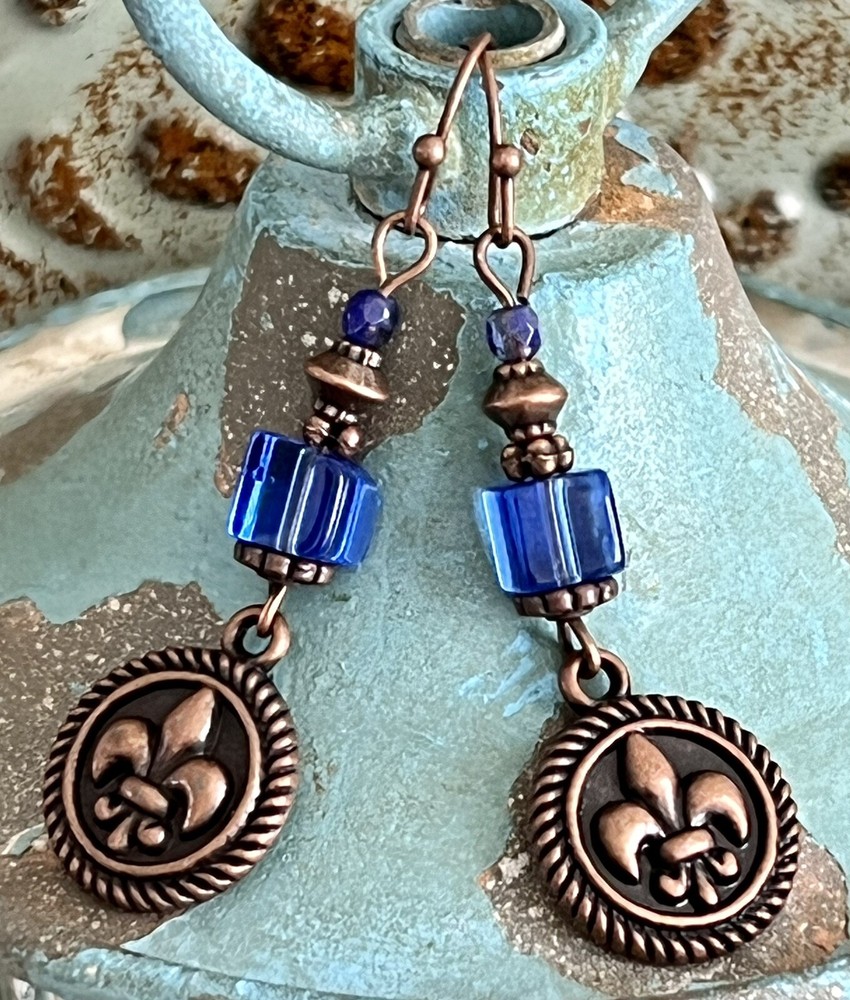 Blue and Copper Tone Fleur-de-Lis Dangle Earrings.