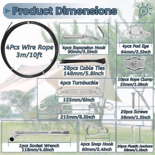 Sun Shade Sail Hardware Kit,304 Stainless Steel Cable Wire with Nylon Coating