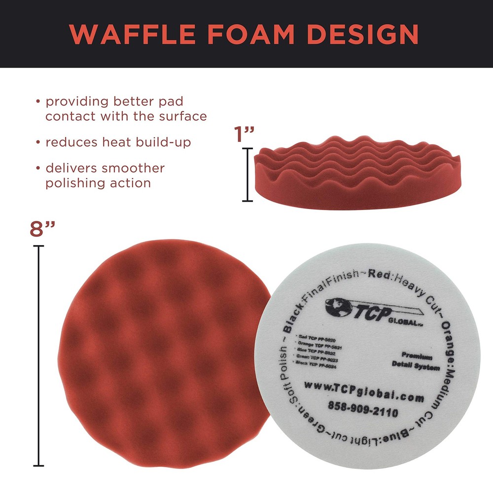 8" Red Waffle Foam Buffing Pad Hook and Loop Backing - Extra Coarse Buffing P...