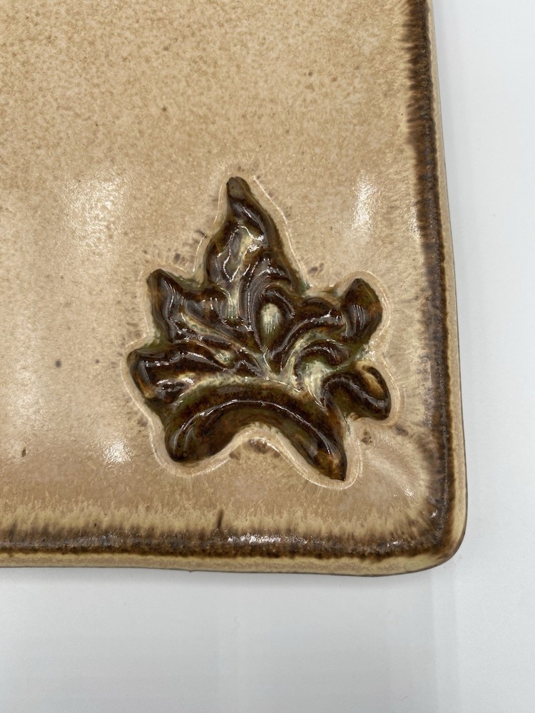 Studio Pottery Long Serving Tray, 12" x 5", Applied Leaves, Signed
