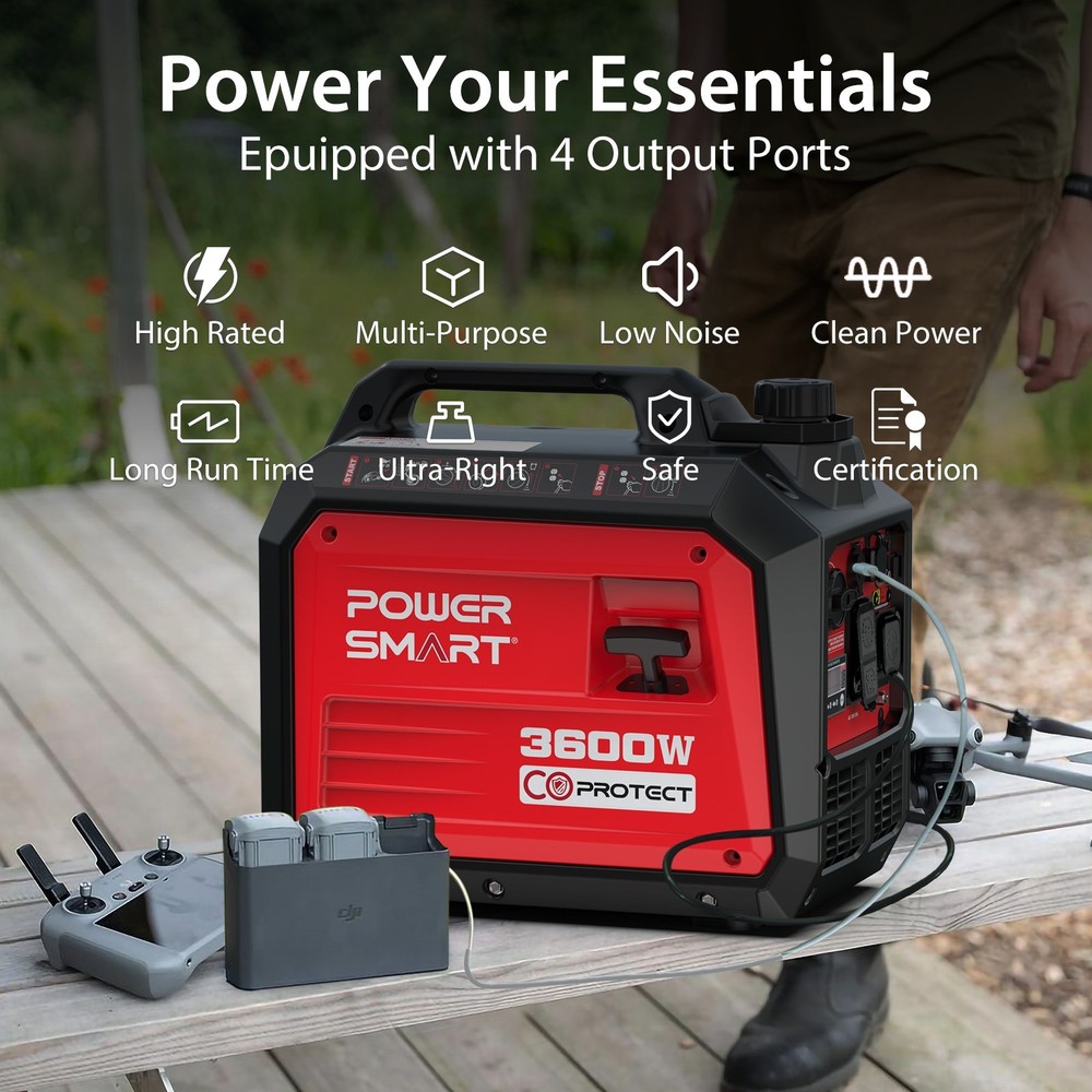 PowerSmart 3600W Gas Generator, 149cc 4-Cycle Engine, 120V AC Output, CO Detect