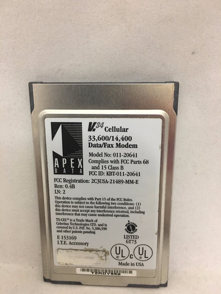 APEX Data Mobile Plus Cellular V.34 Data/Fax Modem 33.6/14.4kbps PC Card