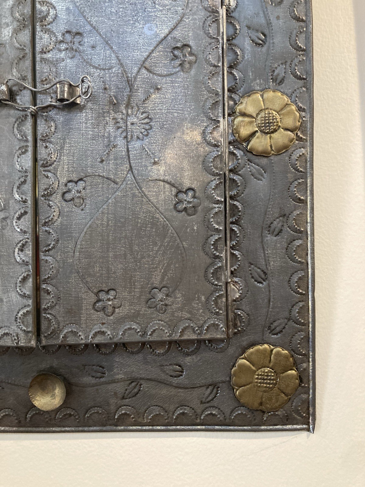 Antique Mexican Folk Art Punched Tin Mirror With Original Glass