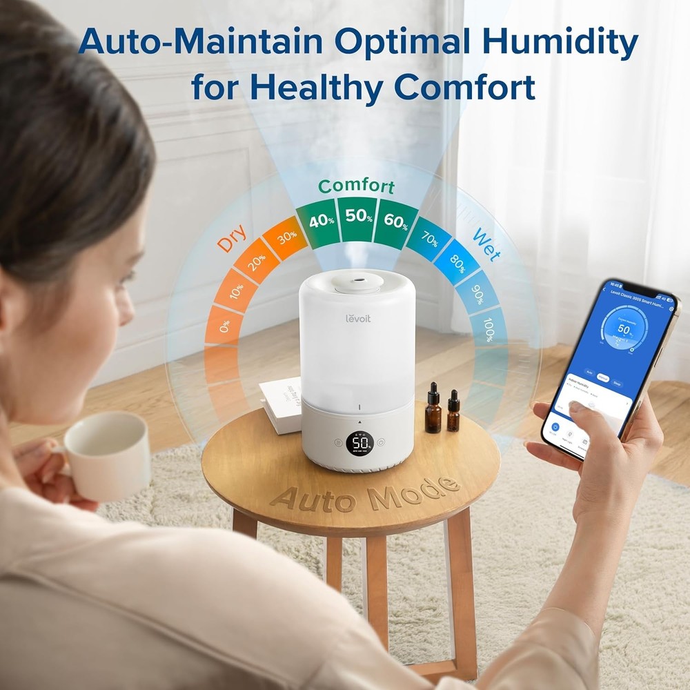 3L Top Fill Ultrasonic Humidifier with Automatic Humidity Sensor - White