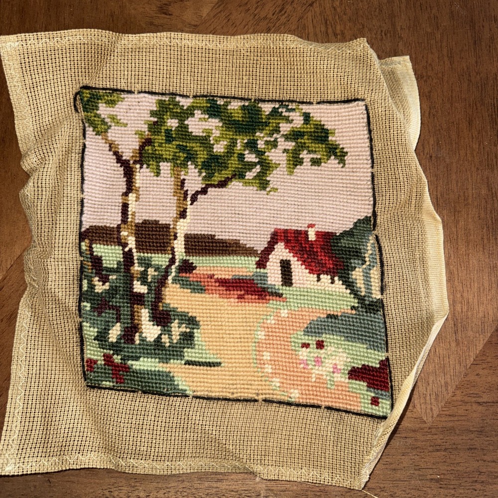 Needlepoint Complete. House With Trees.