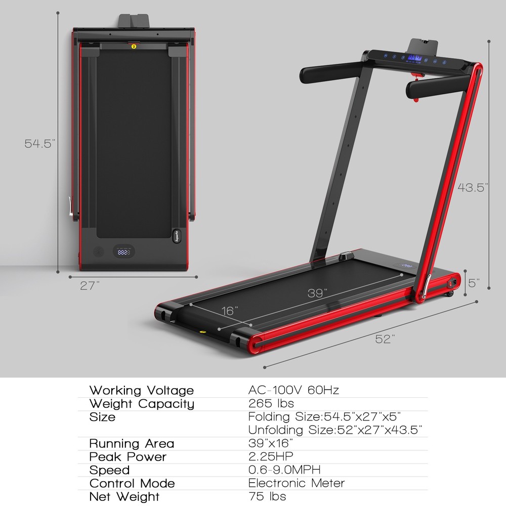 2-in-1 Folding Treadmill 2.25HP Jogging Exercise Machine W/ LED Display Red