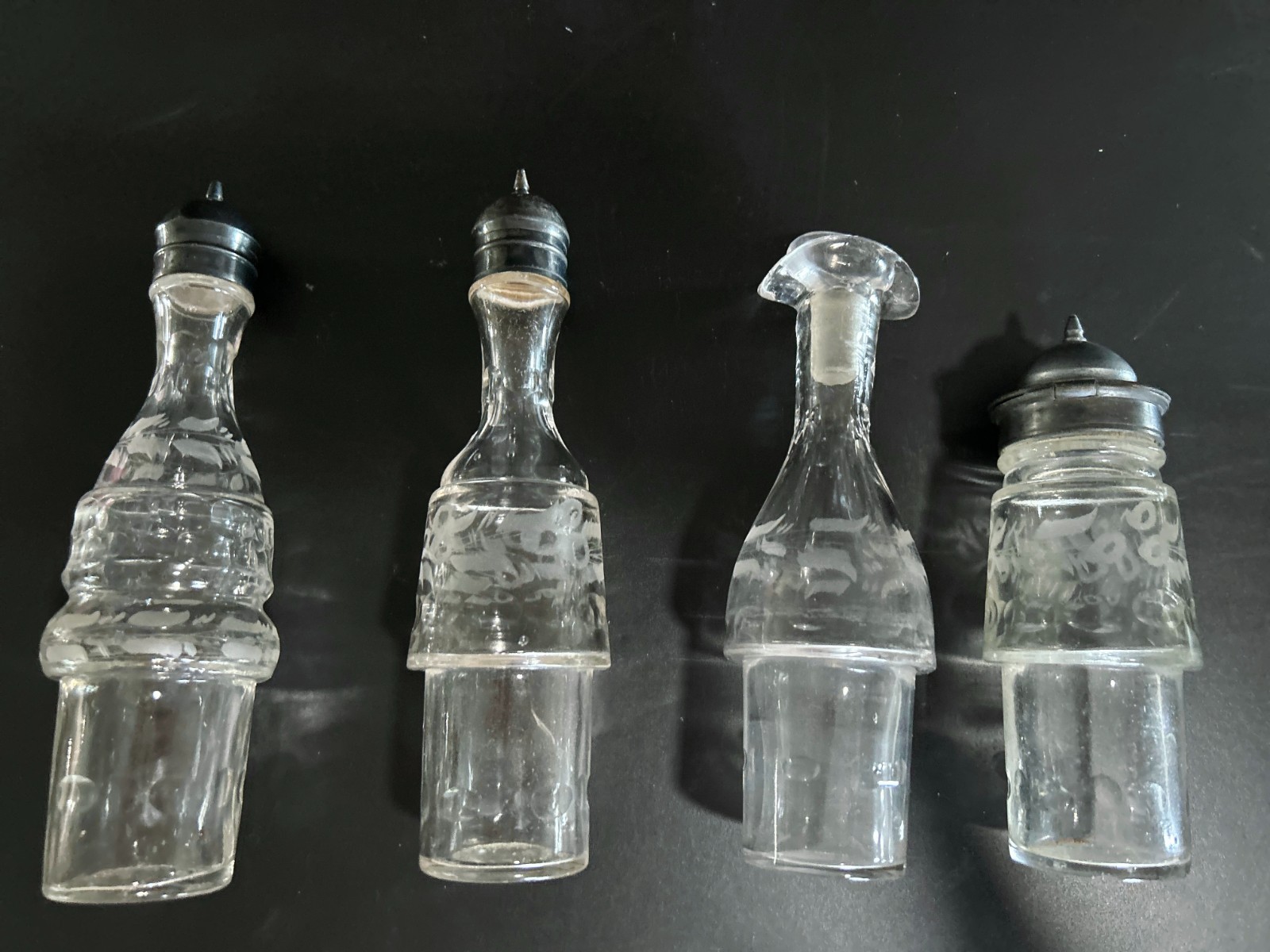 Antique Condiment Cruet Set of 4 Pcs Etched Glass Victorian Style Silver Plate