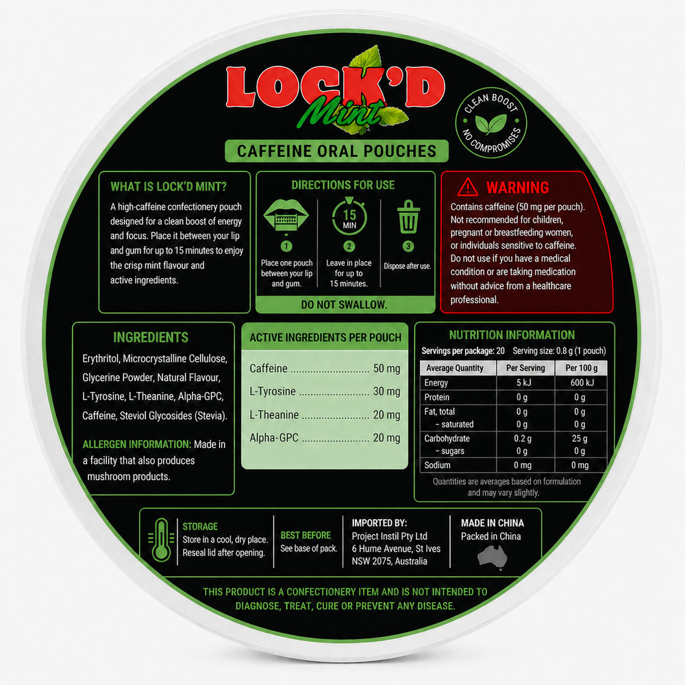 LOCK'D Mint (20 x 50mg Caffeine Pouches)