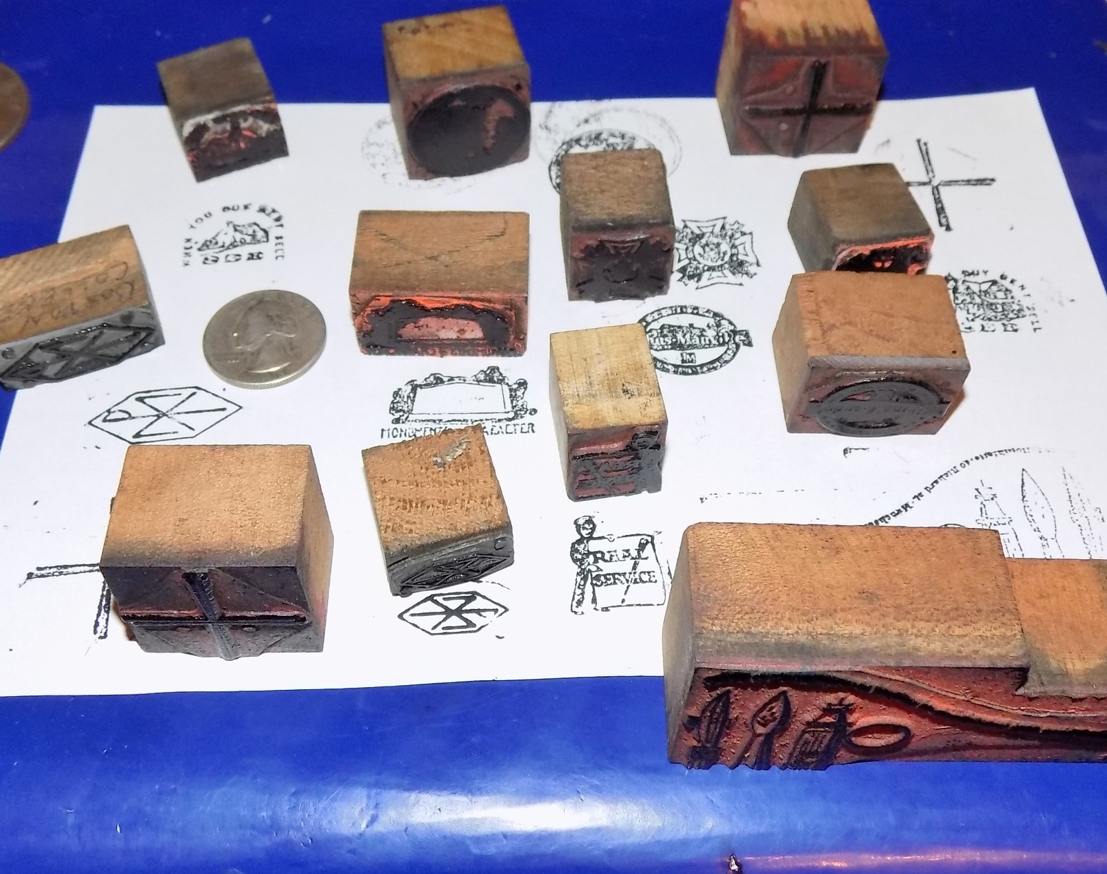 Lot of Twelve Vintage or Antique Wood & Metal Printers Blocks