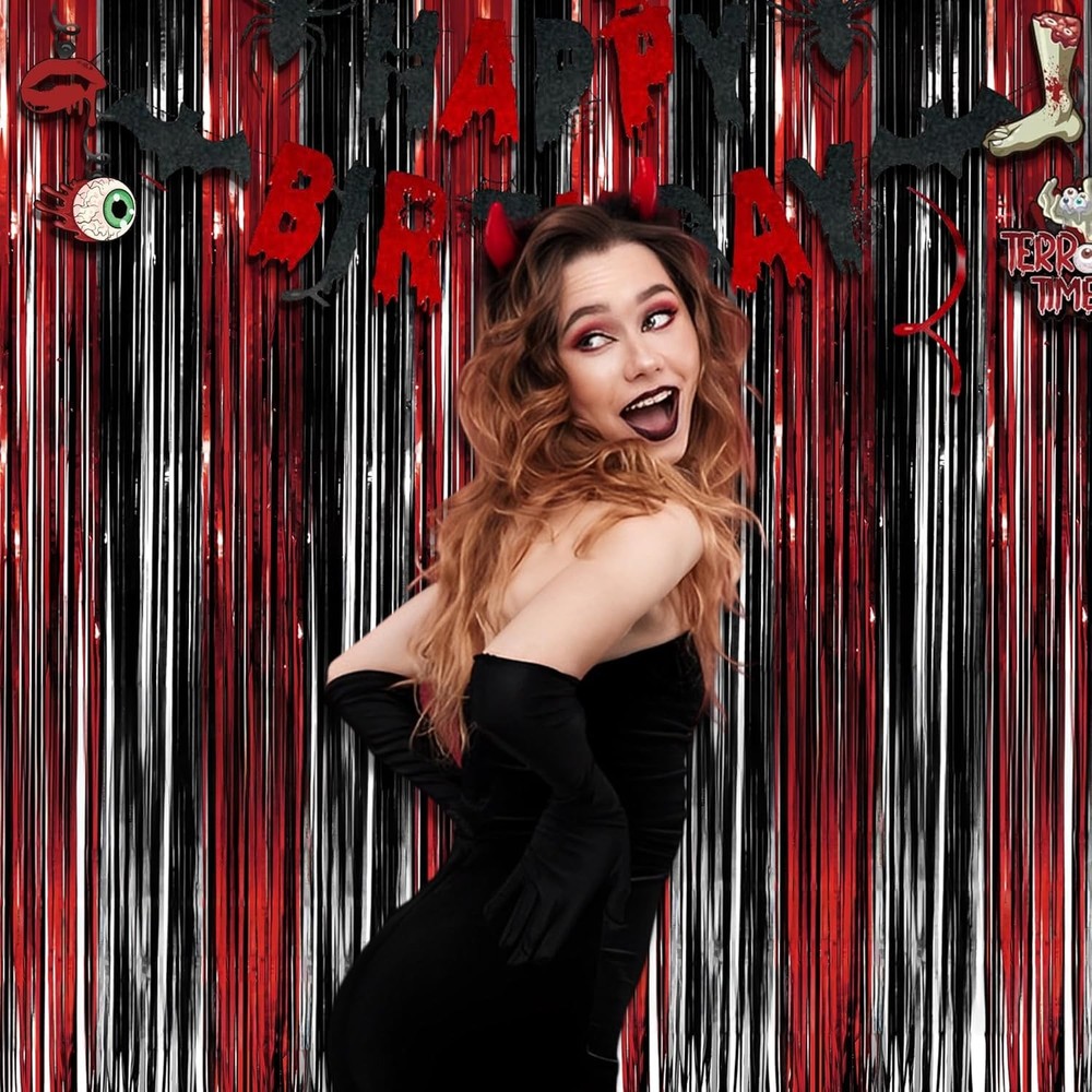 Black Red Party Streamers Backdrop - GREATRIL Foil Extra Large,
