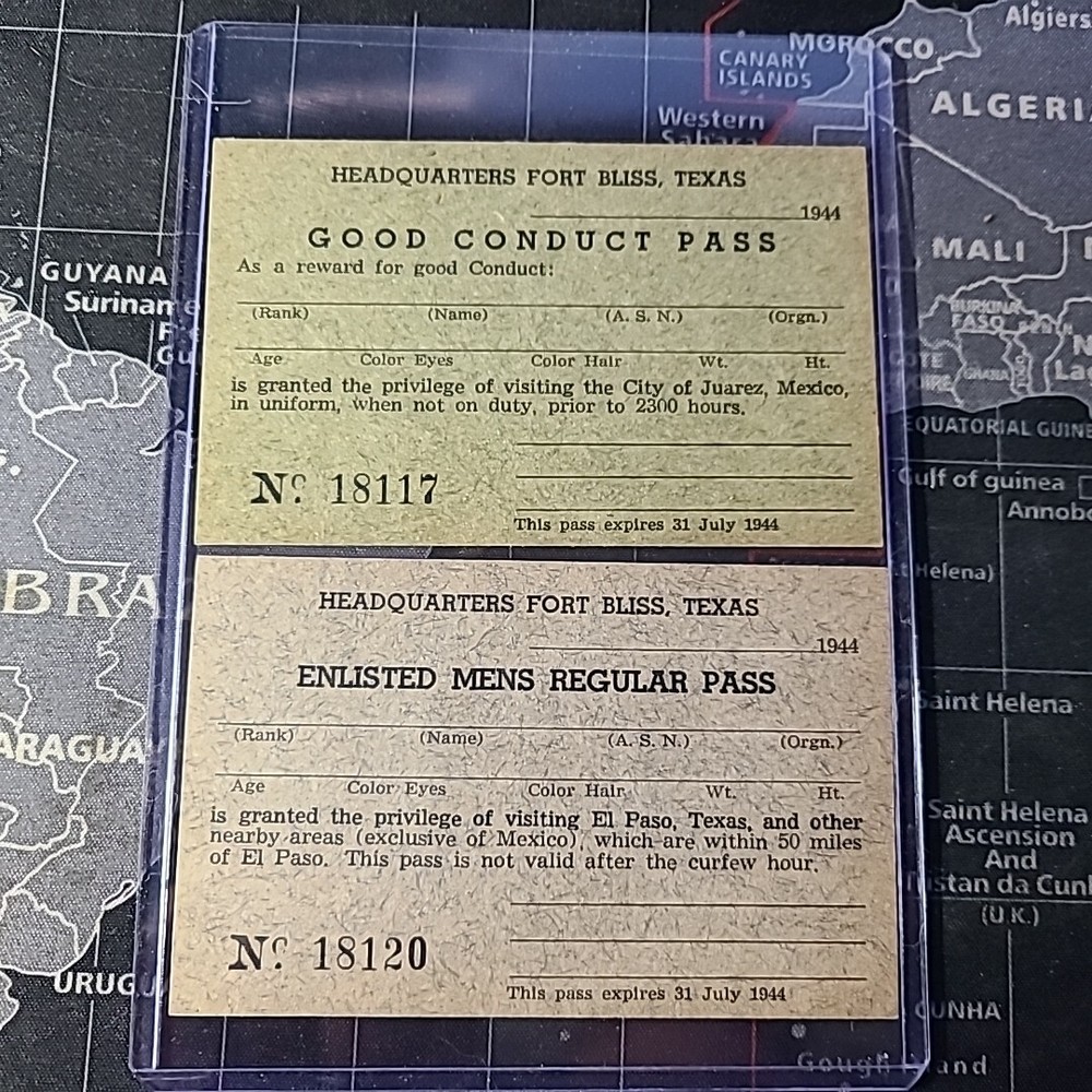 1944 Enlisted & Good Conduct Pass Unissued Fort Bliss Texas World War 2 WW2