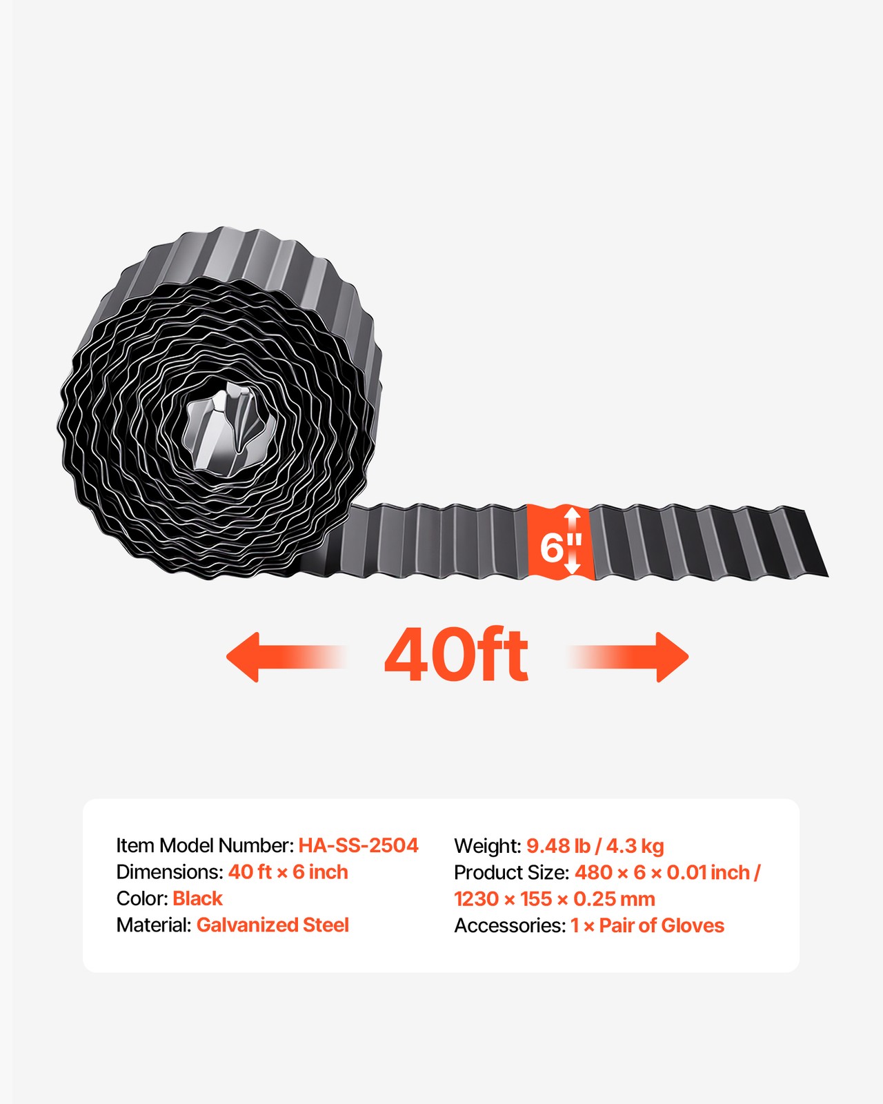 VEVOR Galvanized Steel Landscape Edging 40 ft x 6 in Metal Garden Edging