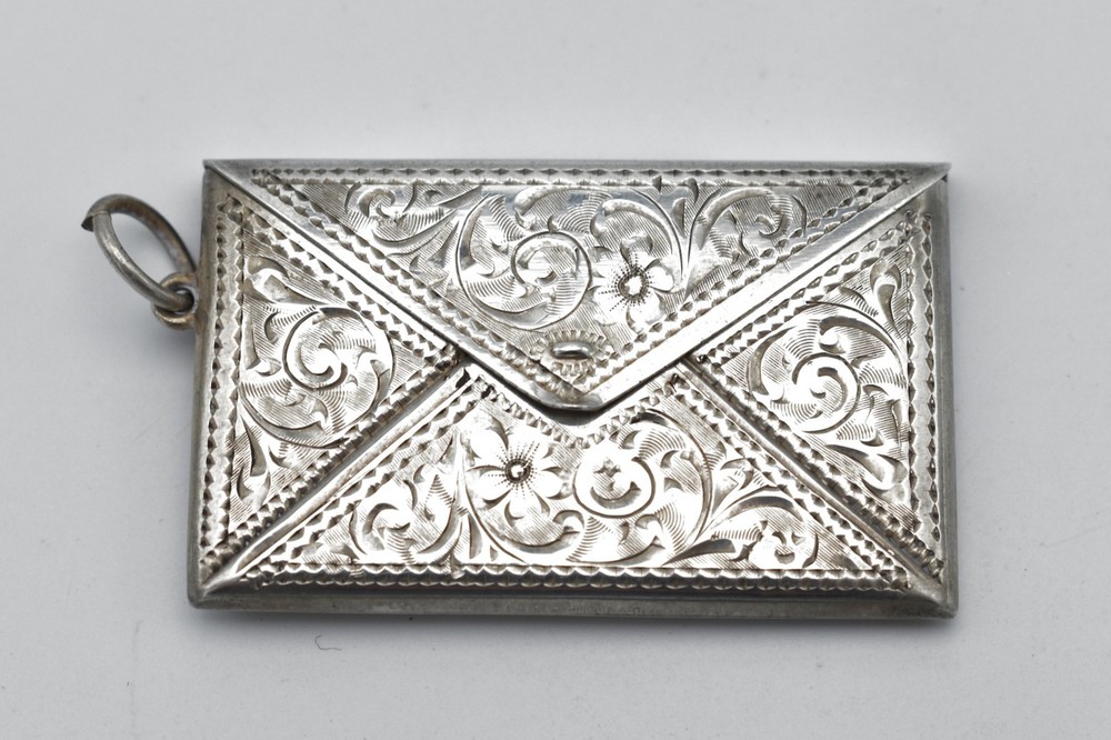 Antique Solid Silver Double Stamp Case Scroll Pattern Engraved Envelope Shape
