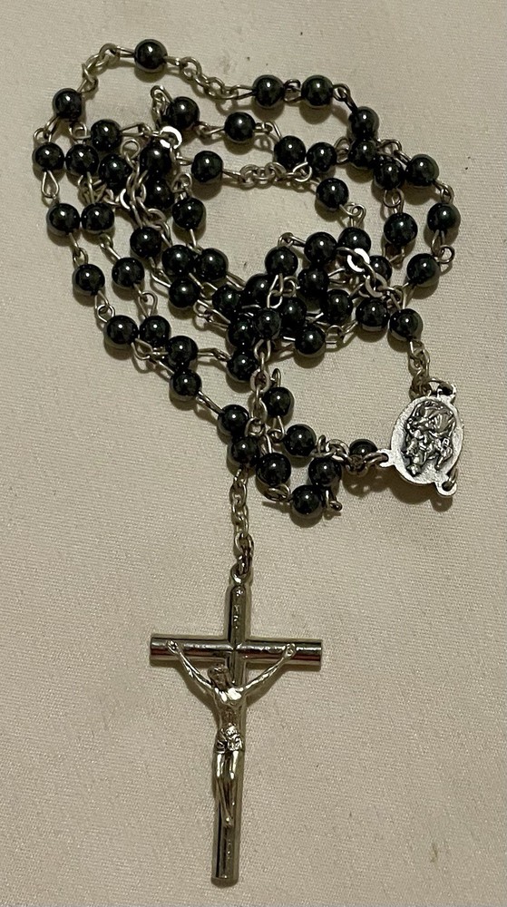 Catholic Hematite Rosary W/ Double Medallion Featuring Mary/Child, St Augustine