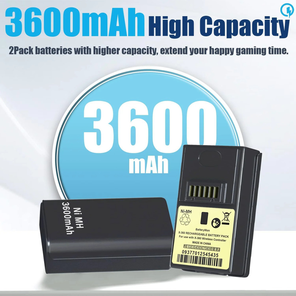 2 Pack 3600mAh Rechargeable Battery Pack for Xbox 360 Controller