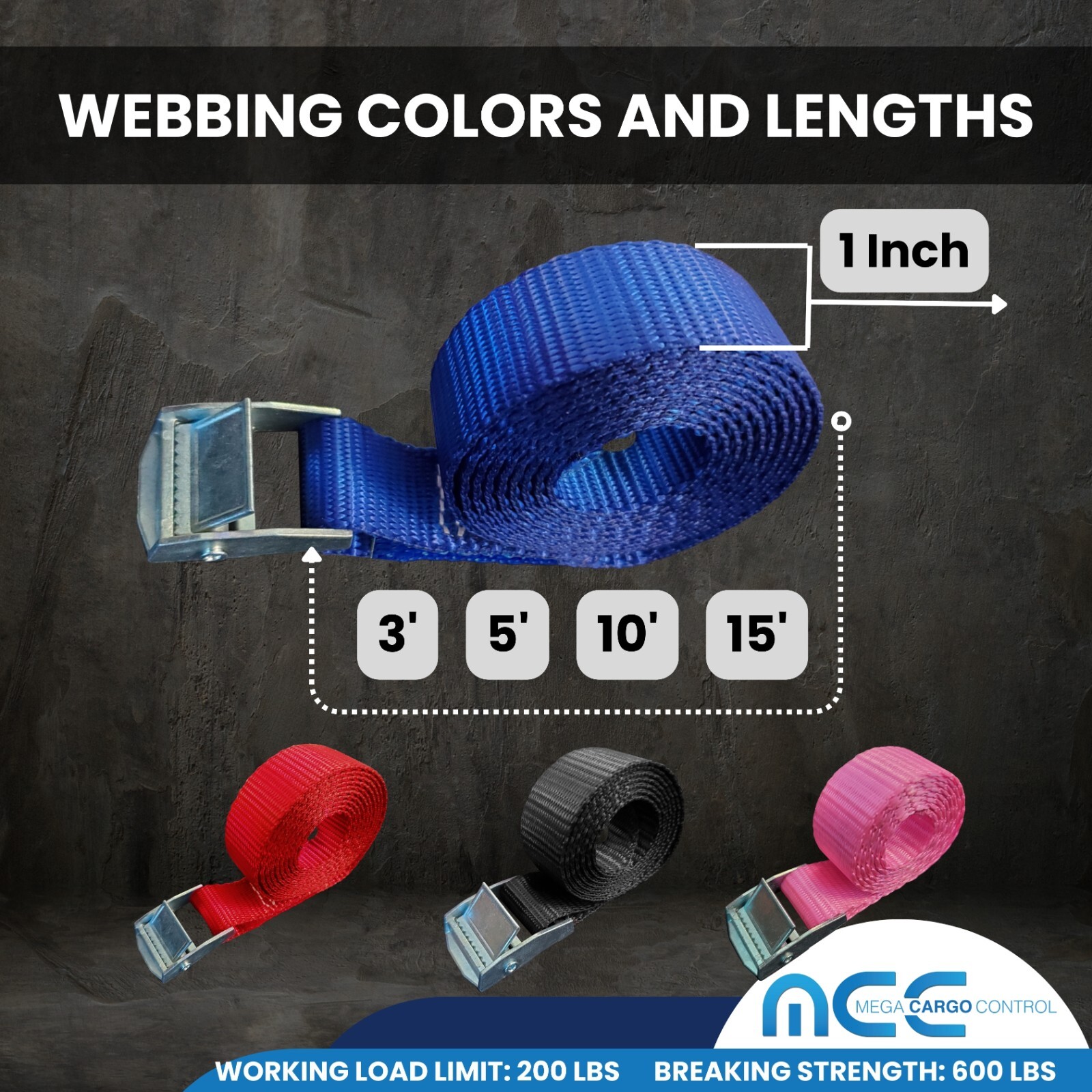 USA 1" x 3'- 15' Endless Cargo Lashing Strap w/Cam Buckle for Motorcycle Bicycle