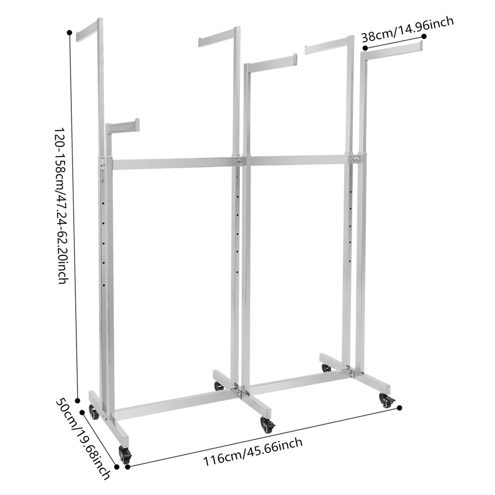 Adjustable Height 6-Arm Silver Garment Display Rack with Wheels