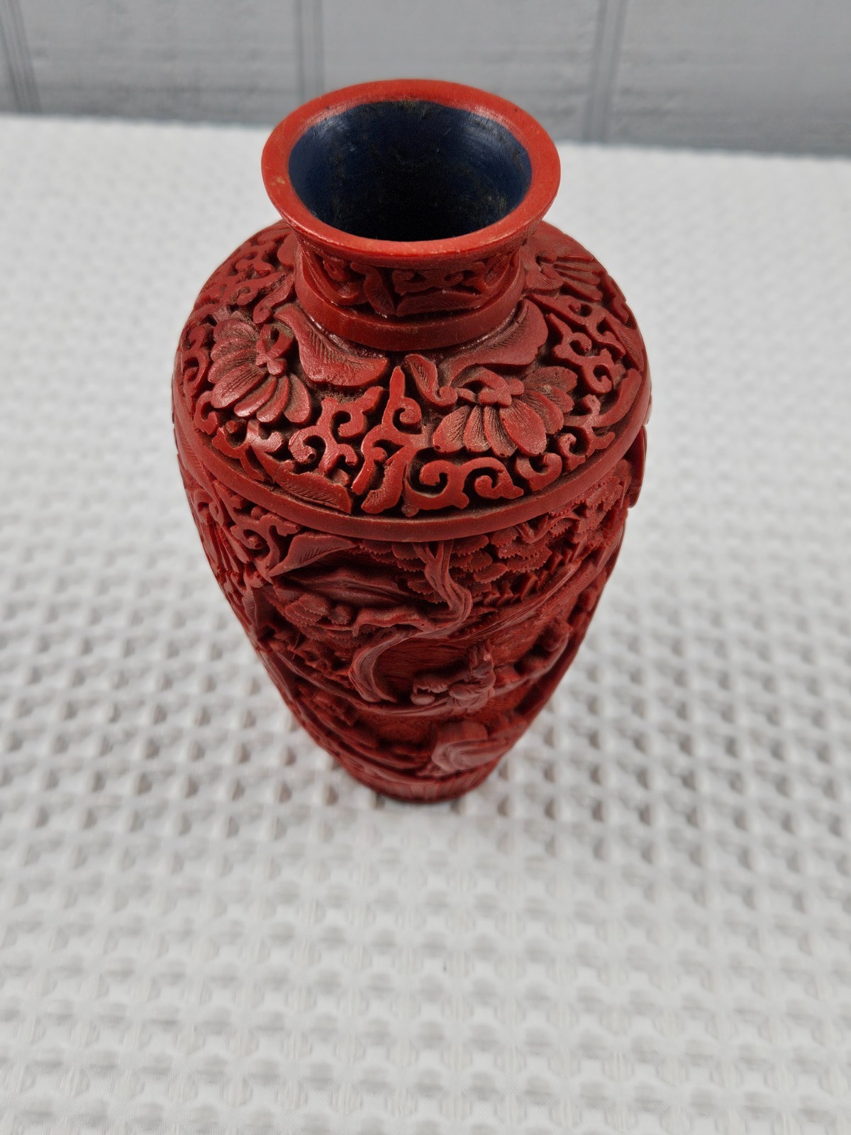 Vintage Chinese Red Cinnabar Lacquer Vase 5 .5” Floral Carving Made in Italy