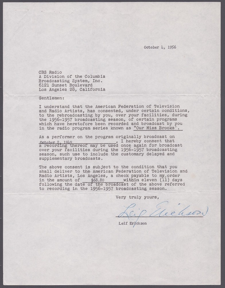LEIF ERICKSON - DOCUMENT SIGNED 10/04/1956