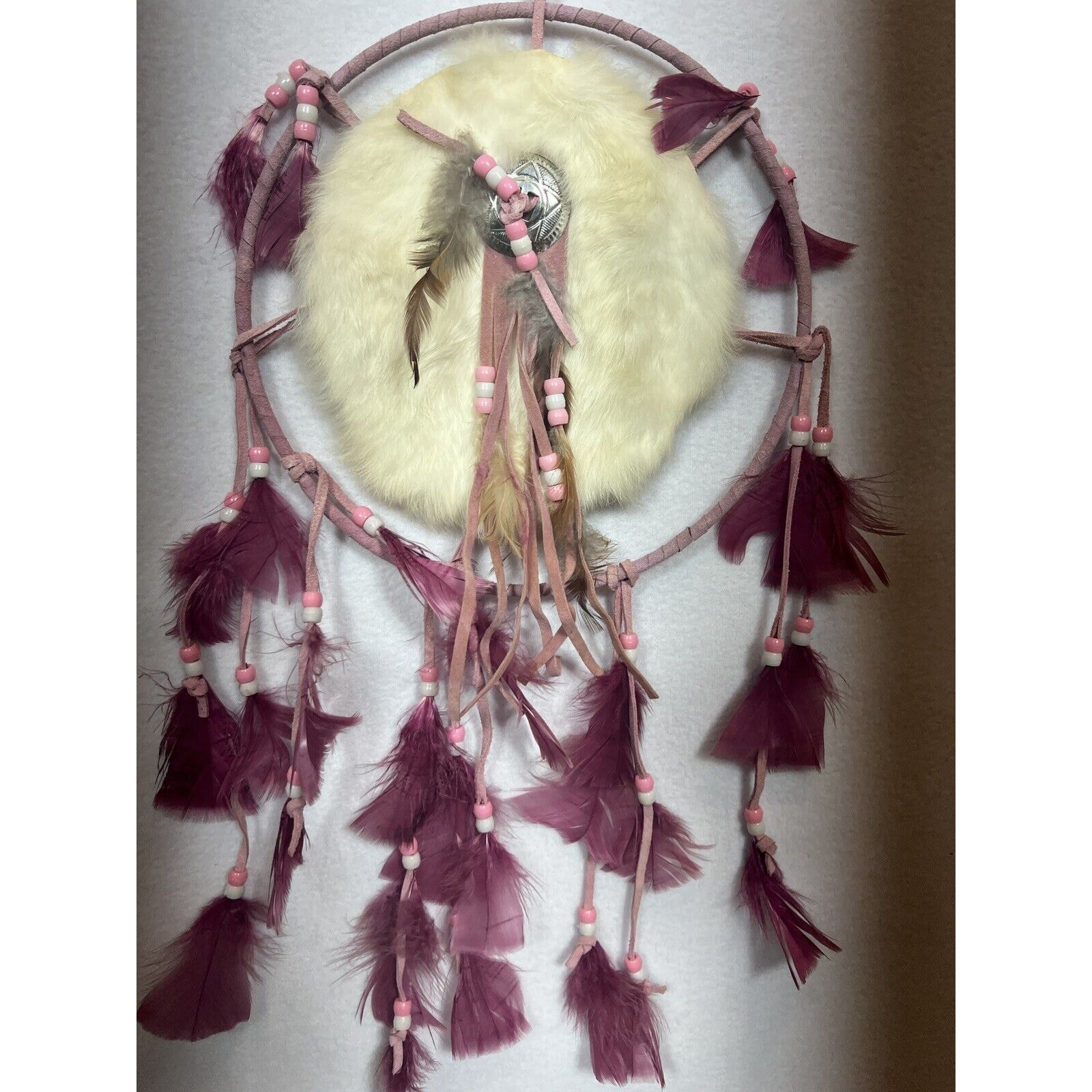 Dream Catcher Suede Leather Fur Feathers Pink 9"