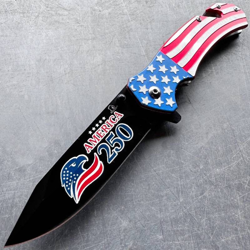 USA American Flag Patriotic "250 Years" Spring Assisted Folding Pocket Knife EDC