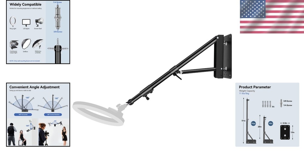 4.3ft Adjustable Wall Mount Boom Arm for Studio Lighting - Versatile & Durable=