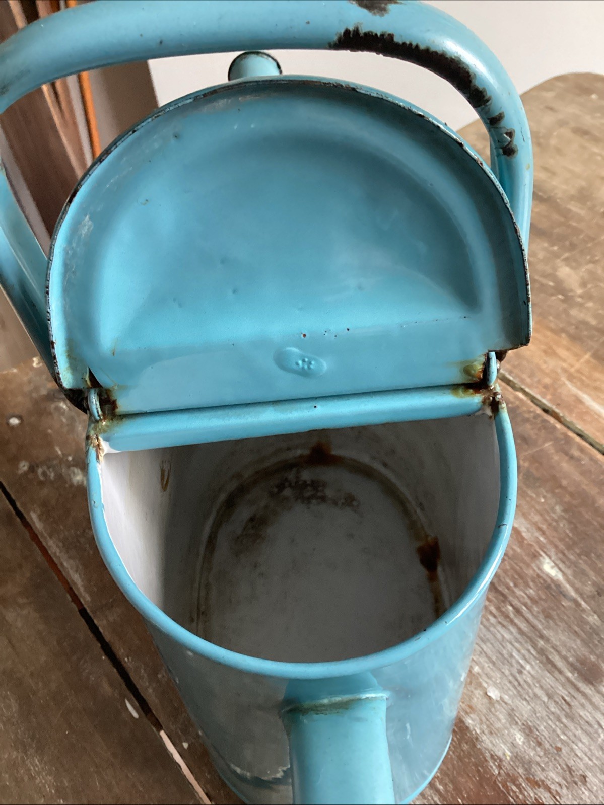 Antique Light Blue Enamel Ware Watering Can c1900 European Vintage