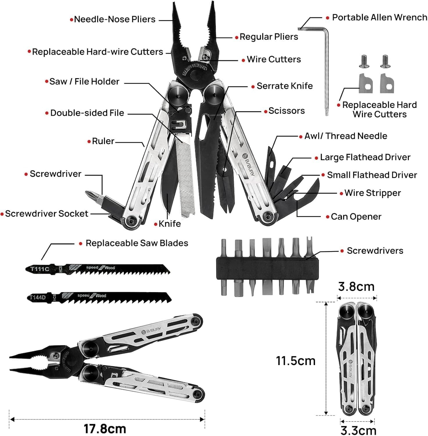 BIBURY Multitool Pliers Pro Stainless Steel 31-in-1 Multitool Pliers for Camping