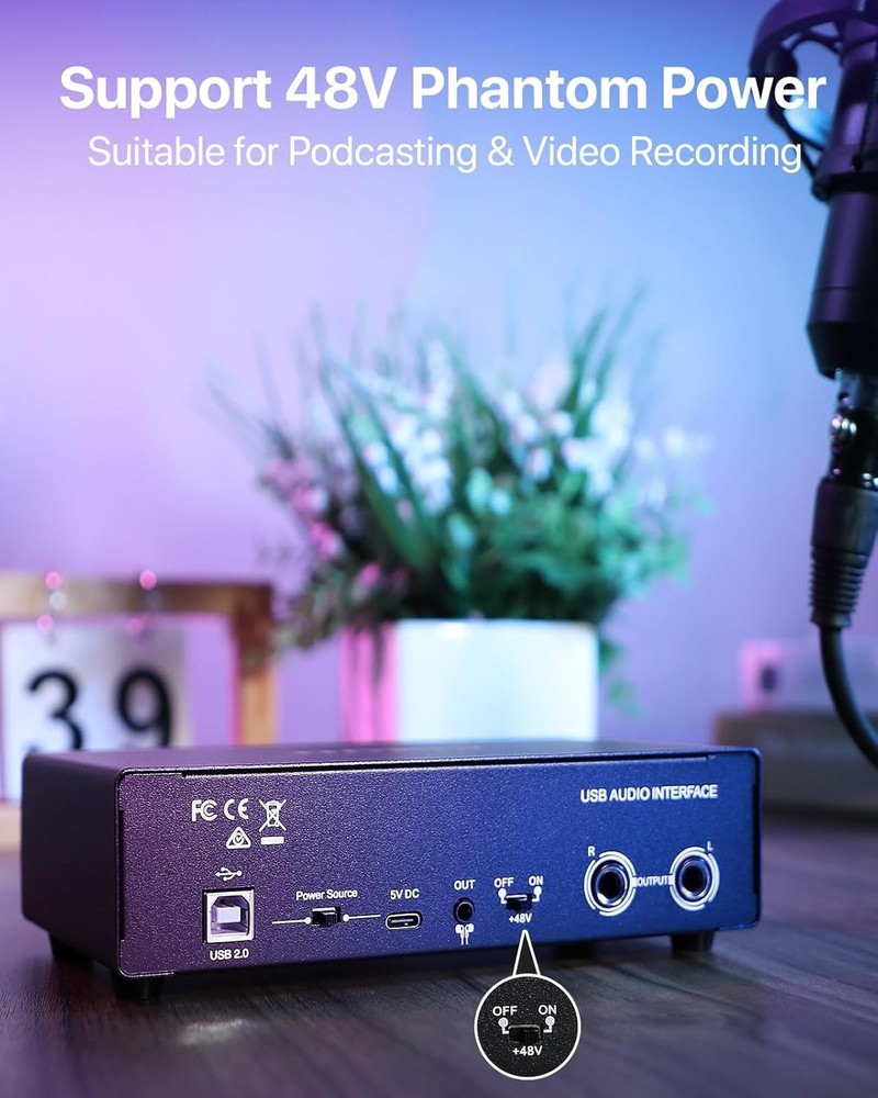 2x2 USB-C Audio Interface for PC/Mac Recording, 24-bit/192kHz Dual TS/XLR Inputs