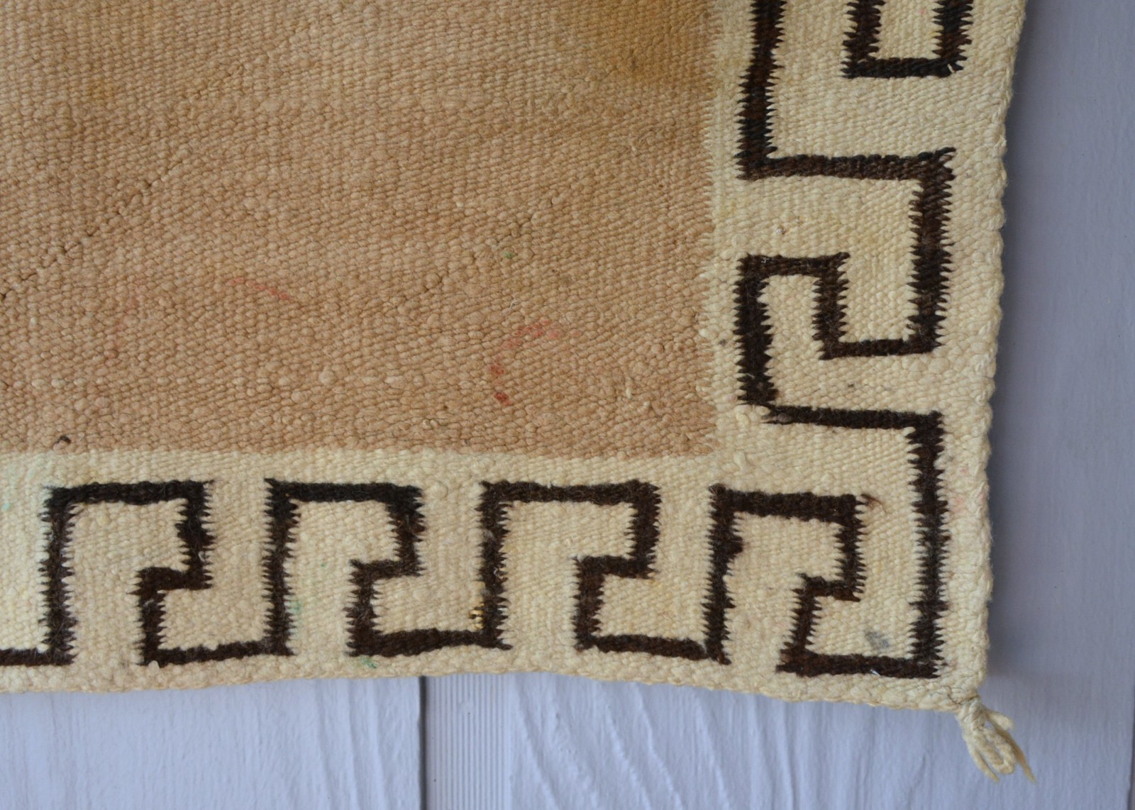 Rare Open Field Navajo Saddle Blanket Rug - Wide Greek Key Border - 28" x 31"